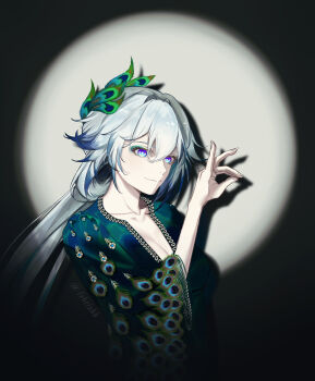 Rule 34 | 1girl, absurdres, alternate costume, blue eyes, breasts, cleavage, fabriahh, fox shadow puppet, green kimono, hashtag-only commentary, highres, honkai: star rail, honkai (series), japanese clothes, kimono, large breasts, long hair, peacock feathers hair ornament, peacock print, solo, spotlight, very long hair, white hair, yao guang (honkai: star rail)