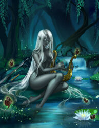 1girl absurdres artist_name black_lips black_skin bug colored_skin convenient_censoring curvy dark_elf eilistraee elf feet flower forest hair_censor hair_over_breasts highres holding holding_instrument insect instrument leejun35 lily_pad lips long_hair lotus lyre moonlight moth nature navel night nude outdoors pointy_ears solo sword thighs tree very_long_hair water weapon white_eyes white_flower white_hair