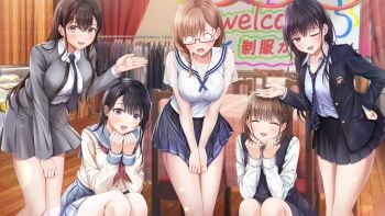 5girls ;d artist_request black_hair black_jacket black_necktie black_skirt blazer braid breasts brown_hair chair closed_eyes clothes_rack collared_shirt commentary_request embarrassed facing_viewer glasses grey_jacket grey_sailor_collar grey_skirt highres indoors jacket koga_nozomi konomi_yui large_breasts leaning_forward long_hair long_sleeves looking_at_viewer momojiri_serika multiple_girls neck_ribbon neckerchief necktie o_o official_art one_eye_closed open_clothes open_jacket open_mouth pleated_skirt rectangular_eyewear red-framed_eyewear red_neckerchief red_ribbon ribbon sailor_collar school_uniform seifuku_kanojo seifuku_kanojo_2 semi-rimless_eyewear serafuku shirt short_hair short_sleeves skirt skirt_tug smile squatting standing table tamayori_himari tearing_up under-rim_eyewear white_sailor_collar white_shirt yahiro_mio