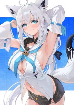 1girl absurdres ahoge animal_ear_fluff animal_ears aqua_eyes armpit_focus armpits belt black_belt black_shorts blush braid breasts commentary_request detached_sleeves earrings fox_ears fox_girl fox_tail hair_ornament highres hololive jewelry large_breasts looking_at_viewer navel pentagram ribbon-trimmed_sleeves ribbon_trim shirakami_fubuki shirakami_fubuki_(1st_costume) shorts simple_background single_braid single_earring tail tks_rkgk virtual_youtuber white_hair