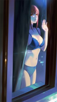 1girl black_bra black_panties bra breasts chainsaw_man cleavage curtains hand_up highres lace lace-trimmed_bra lace_trim large_breasts looking_at_viewer makima_(chainsaw_man) mymzi navel night orange_eyes panties red_hair ringed_eyes sidelocks solo stomach underwear underwear_only window