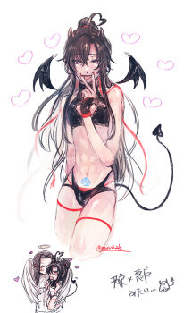 1boy ahoge alternate_costume alternate_universe angel angel_and_devil angel_wings bare_shoulders black_gloves black_hair black_horns black_pants black_shirt black_tail black_wings brown_hair bulge chibi chibi_inset cleavage_cutout clothing_cutout commentary_request crop_top crossdressing crossdressing_(mtf) demon_boy demon_horns demon_tail demon_wings finger_to_mouth fingerless_gloves fingernails gloves hair_between_eyes hair_ribbon halo hand_up heart heart_ahoge heart_tail highres horns hug ktxxok lan_wangji long_hair looking_at_viewer male_focus midriff mini_wings modao_zushi nail_polish navel open_mouth panties pants pointy_ears ponytail pubic_tattoo purple_eyes red_nails red_ribbon revealing_clothes ribbon robe sharp_fingernails shirt sidelocks simple_background sleeveless sleeveless_shirt sleeveless_turtleneck smile solo solo_focus tail tattoo thigh_strap thighs tongue tongue_out trap turtleneck twitter_username underwear v wei_wuxian white_background white_robe white_wings wings yaoi yellow_eyes