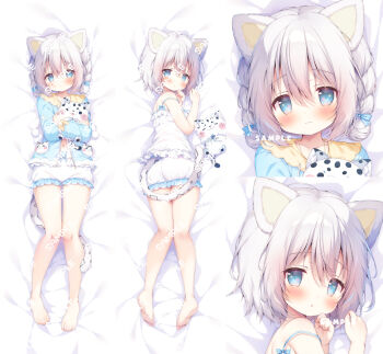 1girl animal_ears ass barefoot bloomers blue_eyes blue_shirt blush camisole cat closed_mouth collared_shirt commentary_request dakimakura_(medium) from_behind kohaku_nene la_peche_party leopard leopard_ears leopard_girl leopard_tail looking_back lying momozu_komamochi navel on_stomach open_clothes open_shirt sample_watermark shirt short_hair snow_leopard snow_leopard_ears snow_leopard_girl snow_leopard_tail strap_slip tail underwear virtual_youtuber watermark white_bloomers white_camisole white_hair