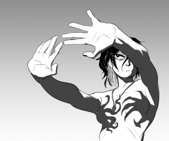 1girl breasts commentary different_shadow english_commentary gradient_background greyscale hair_between_eyes hand_shadow_covering_breasts_(meme) highres medium_breasts medium_hair meme monochrome nipples noah_(spicymancer) nude rumble_after_dark solo spicymancer uneven_bangs upper_body