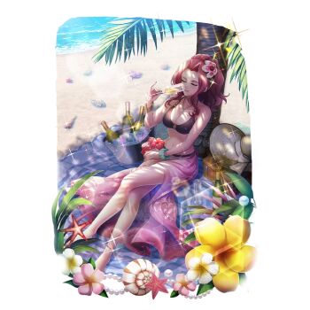 1girl anklet aqua_scrunchie artist_request bare_shoulders barefoot beach bikini black_bikini breasts champagne_bottle champagne_flute cleavage closed_eyes collarbone crossed_legs cup day drinking drinking_glass eyelashes facing_ahead flower_request forehead game_cg hair_intakes hat ice jewelry leaning_on_tree light_particles low_ponytail malty_s_melromarc medium_hair navel necklace o-ring o-ring_bikini ocean official_art outdoors palm_tree parted_lips pink_sarong ponytail red_hair sarong scrunchie seashell see-through_clothes see-through_sarong shell sitting smile solo sparkle starfish stomach sun_hat swimsuit tate_no_yuusha_no_nariagari tate_no_yuusha_no_nariagari_rerise tree unworn_headwear wrist_scrunchie