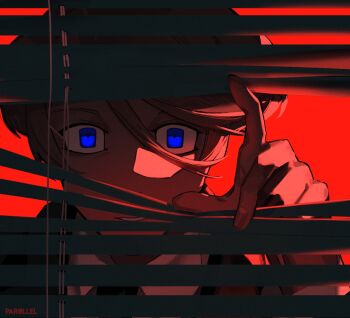 1boy artist_name brown_hair collared_shirt commentary elliot_(par0llel) fingernails glowing glowing_eyes grin hair_between_eyes hand_up highres looking_at_viewer male_focus original par0llel portrait red_background shirt short_hair sidelighting simple_background smile solo straight-on white_shirt window_blinds