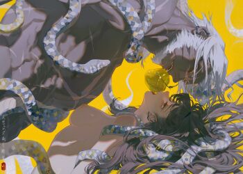 1boy 1girl age_difference apple bad_source beard brown_hair dark-skinned_male dark_skin dizi930 facial_hair female_commander_(forever_7th_capital) food forever_7th_capital fruit golden_apple hetero highres matching_earrings painting_(object) scar scar_on_face scar_on_nose