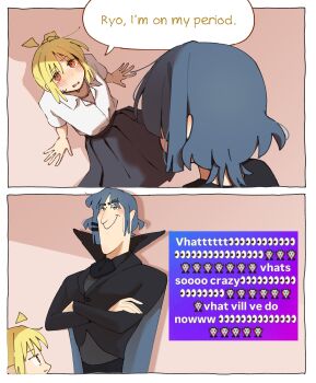 Rule 34 | 2girls, absurdres, ahoge, black cape, black shirt, blonde hair, blue hair, bocchi the rock!, cape, crossed arms, detached ahoge, emoji, english text, highres, hotel transylvania, ijichi nijika, long hair, long skirt, machuuu68, mole, mole under eye, multiple girls, pleated skirt, red eyes, shirt, side ponytail, skirt, smile, sweatdrop, white shirt, yamada ryo, yellow eyes, yuri