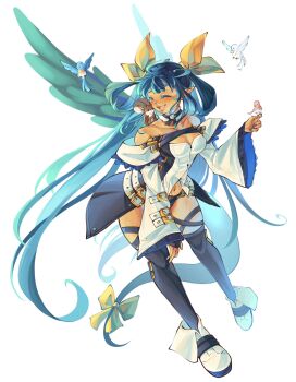 1girl asymmetrical_wings bare_shoulders bird black_tail black_thighhighs black_wings blue_hair breasts chocochip_trip cleavage closed_eyes collarbone commentary commission dizzy_(guilty_gear) english_commentary full_body guilty_gear highres long_hair medium_breasts open_mouth pointy_ears squirrel thighhighs vest white_vest white_wings wings