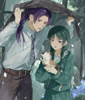 1boy 1girl animal beads belt_buckle black_jacket black_pants blue_eyes buckle cat chain-link_fence collared_shirt fence green_hair green_necktie green_serafuku green_shirt green_skirt grid_print hair_beads hair_ornament hair_over_shoulder highres holding holding_animal holding_cat jacket jinshi_(kusuriya_no_hitorigoto) kusuriya_no_hitorigoto maomao_(kusuriya_no_hitorigoto) necktie open_mouth pants parted_bangs pink_eyes ponytail print_pants purple_hair rain sailor_collar school_uniform serafuku shirt sidelocks skirt striped_necktie upper_body wet wet_hair white_sailor_collar white_shirt yuikisezu