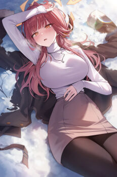 1girl absurdres alternate_costume aru_(blue_archive) black_pantyhose blue_archive breasts commentary halo hand_up highres jacket jewelry large_breasts long_hair long_sleeves looking_at_viewer lying necklace okkimon on_back orange_eyes pantyhose parted_lips pencil_skirt red_hair shirt skirt snow solo turtleneck unworn_jacket white_shirt winter_clothes