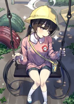 1girl black_hair blue_archive blush braid braided_bun breasts grey_eyes grey_skirt hair_bun halo hat highres kindergarten_uniform kisaki_(blue_archive) kisaki_(kindergarten_uniform)_(blue_archive) kneehighs long_hair long_sleeves looking_at_viewer on_swing open_mouth pink_sweater playground shoes skirt small_breasts smile socks sparkle sweater swing thighs twintails unused_tire uwabaki wei_yu yellow_hat