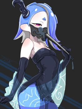 Rule 34 | 1girl, bare shoulders, black dress, black gloves, black mask, blue hair, blue pantyhose, blue shawl, breasts, cephalopod eyes, commentary request, covered navel, cowboy shot, dress, elbow gloves, folded fan, folding fan, gloves, hair over one eye, hand fan, highres, holding, holding fan, horizontal pupils, looking at viewer, mask, medium hair, mouth mask, nintendo, octoling, official alternate costume, one eye covered, pantyhose, pink eyes, shawl, shiver (frostyfest) (splatoon), shiver (splatoon), short dress, side slit, small breasts, solo, splatoon (series), splatoon 3, strapless, strapless dress, t2ukmyjm, tentacle hair, tentacle hair ornament