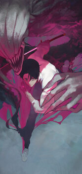 1boy absurdres black_eyes black_hair black_pants closed_mouth commentary_request highres holding holding_sword holding_weapon jacket jewelry jujutsu_kaisen katana looking_at_viewer modare monster okkotsu_yuta open_mouth orimoto_rika pants shikigami shirt short_hair solo sword weapon white_jacket white_shirt