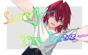 Rule 34 | 1girl, ange katrina, ange katrina (5th costume), belt, blue eyes, blue pants, brown belt, collarbone, commentary request, dutch angle, earrings, elmida, english text, floating earrings, gold earrings, grey background, hair intakes, highres, jewelry, kabedon on viewer, long bangs, looking at viewer, medium hair, nijisanji, open mouth, pants, rainbow text, red hair, shirt, shirt tucked in, short sleeves, simple background, single earring, smile, solo, straight-on, t-shirt, triangle earrings, upper body, virtual youtuber, white shirt