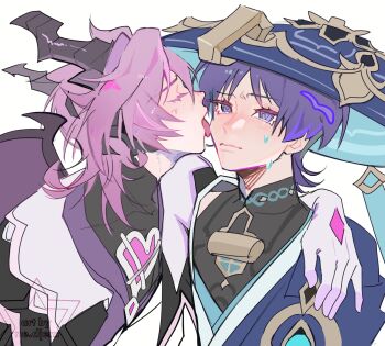 2boys absurdres blue_eyes blue_hair closed_eyes closed_mouth commentary couple dragon_boy dragon_horns dragon_wings english_commentary friends from_side genshin_impact gloves hair_between_eyes hat heart highres horns japanese_clothes leaning_forward leaning_on_person leaning_to_the_side licking licking_another&#039;s_face long_sleeves mini_durin_(genshin_impact) mini_durin_(human)_(genshin_impact) multiple_boys ne_djem purple_hair scaramouche_(genshin_impact) short_hair simple_background standing sweat tongue tongue_out upper_body white_background wings yaoi