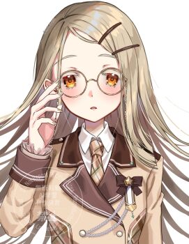 1girl adjusting_eyewear blazer blonde_hair blush brown_jacket brown_necktie collared_shirt colored_eyelashes commentary_request dress_shirt eyewear_strap fingernails gakuen_idolmaster glasses hair_ornament hairclip hand_up highres idolmaster jacket long_hair long_sleeves looking_at_viewer nail_polish necktie open_mouth orange-framed_eyewear orange_eyes parallel_hairclips parted_bangs plaid_clothes plaid_necktie round_eyewear shinosawa_hiro shirt simple_background solo tsubakiya_setsuna upper_body watermark white_background white_shirt yellow_nails