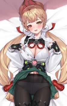 1girl alice_thymefield animal_ears black_bow black_gloves black_pantyhose blonde_hair blush bow bra braid breasts cleavage clothes_lift fingerless_gloves gloves green_eyes green_skirt heterochromia high-waist_skirt highres large_breasts low_twintails matrix16 open_clothes open_mouth open_shirt panties panties_under_pantyhose pantyhose rabbit_ears rabbit_girl red_eyes shirt skirt skirt_lift solo sweatdrop thigh_gap twintails underwear white_bra white_shirt zenless_zone_zero