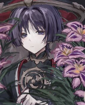 Rule 34 | 1boy, closed mouth, flower, genshin impact, grass, hand up, hashtag-only commentary, hat, highres, looking at viewer, male focus, pink flower, purple eyes, purple hair, scaramouche (genshin impact), solo, turtleneck, yuno06144