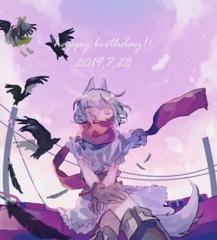 1girl animal_ears borrowed_character brown_gloves commentary_request crown dated dress feet_out_of_frame gloves grey_hair happy_birthday looking_at_viewer original purple_sky red_scarf scarf shinjitsu_no_kuchi short_hair sitting sky solo tail utility_pole white_dress wolf_ears wolf_girl wolf_tail