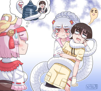 1boy 2girls :t animal_ears arm_around_neck arm_around_waist beads bell blank_eyes blonde_hair blush brown_hair byakuda_(kemono_friends) captain_(kemono_friends) closed_mouth commentary_request drooling flower ghost giving_up_the_ghost gloom_(expression) gloves grey_hair hair_flower hair_ornament hand_on_another's_cheek hand_on_another's_face highres horse_ears hug imagining jealous jewelry kemono_friends kemono_friends_3 leaning_to_the_side long_hair looking_at_another metamimi monk multicolored_hair multiple_girls open_mouth partially_shaded_face pink_hair pout prayer_beads prehensile_tail raised_inner_eyebrows ribbon-trimmed_sleeves ribbon_trim ring shinme_(kemono_friends) shirt short_hair short_sleeves smile snake snake_tail speech_bubble standing sweatdrop tail tail_wrap tearing_up thought_bubble two-tone_hair unconscious very_long_hair white_snake