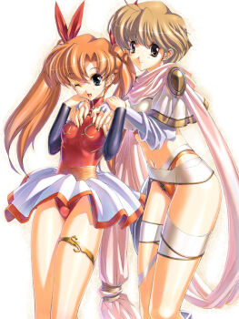 2girls ;d blonde_hair breasts bridal_gauntlets brown_eyes donut_hair_bun green_eyes hair_bun hands_on_another's_shoulders jewelry langrisser langrisser_iii leotard light_smile medium_breasts multiple_girls navel one_eye_closed open_mouth orange_hair red_leotard short_hair small_breasts smile sofia sophia_(langrisser) thighlet tiaris_(langrisser) twintails uchiu_kazuma