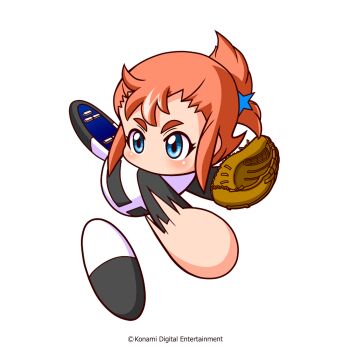 Rule 34 | 1girl, artist request, baseball glove, baseball uniform, black shirt, black shoes, blue eyes, copyright notice, folded ponytail, highres, jikkyou powerful pro yakyuu, jikkyou powerful pro yakyuu (style), kogarashi ryou, multicolored shirt, multicolored shoes, no mouth, official art, orange hair, power pro appli, rayman limbs, shirt, shoe soles, shoes, short hair, solo, sportswear, thick eyebrows, throwing, two-tone shoes, white shirt, white shoes