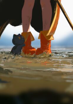 1girl absurdres black_cloak boots cat chomusuke cloak commentary_request highres kono_subarashii_sekai_ni_shukufuku_wo! koukouya legs lower_body megumin red_boots