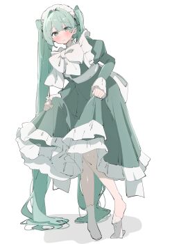 Rule 34 | 1girl, absurdly long hair, absurdres, aqua eyes, aqua hair, blunt bangs, blush, bow, bowtie, dress, furrowed brow, green dress, hatsune miku, highres, long hair, long sleeves, maid, maid headdress, oversized clothes, parted lips, puffy sleeves, simple background, single loose sock, skirt hold, socks, solo, standing, sweatdrop, twintails, uruti 2388, very long hair, vocaloid, white background, white bow, white bowtie, white socks