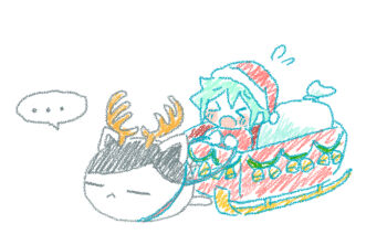 &gt;_&lt; ... 1boy :&lt; animalization antlers black_hair blush cat chibi chibi_only closed_eyes closed_mouth double-parted_bangs flying_sweatdrops green_hair hair_between_eyes hat horns male_focus omori omori_(omori) open_mouth red_hat reindeer_antlers sack santa_costume santa_hat short_hair sidelocks simple_background sleigh solo speech_bubble spoken_ellipsis sun_iiinu white_background