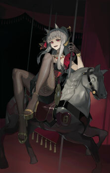 1girl absurdres animal_ears asymmetrical_dress asymmetrical_gloves black_dress black_gloves black_pantyhose blunt_bangs breasts carousel cleavage commentary_request dawder dress elbow_gloves feet full_body gem gloves gold_sandals gold_ship_(la_mode_564)_(umamusume) gold_ship_(umamusume) grass grey_hair high_heel_sandals highres horse_ears horse_girl jewelry knees_up legs long_hair looking_at_viewer looking_up medium_breasts nail_polish necklace official_alternate_costume official_alternate_hairstyle outdoors pantyhose ponytail purple_eyes purple_hair red_dress red_gemstone red_nails sandals see-through_clothes see-through_gloves short_dress single-shoulder_dress single_bare_shoulder smile solo strappy_heels toenail_polish toenails toes two-tone_dress umamusume uneven_gloves very_long_hair