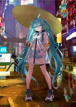 Rule 34 | 1girl, aqua belt, aqua eyes, aqua hair, aqua nails, belt, breasts, cellphone, closed mouth, commentary request, denim, denim shorts, fingernails, hair between eyes, hair ornament, hatsune miku, highres, holding, holding phone, holding umbrella, jeans, long hair, long sleeves, looking at viewer, medium breasts, nail polish, neon lights, oil-paper umbrella, outdoors, pants, phone, rain, raincoat, see-through clothes, see-through raincoat, shoes, shorts, small breasts, smartphone, smile, solo, takepon1123, thigh strap, twintails, umbrella, very long hair, vocaloid, white shoes