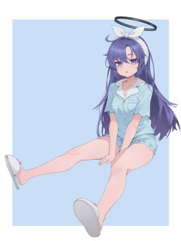 1girl :&lt; absurdres animal_print bare_legs between_legs black_halo blue_archive blue_background blue_hair blue_pajamas blue_shirt blue_shorts buttons cat_print frilled_pajamas frills hairband halo hand_between_legs highres long_hair mechanical_halo messy_hair official_alternate_costume pajamas print_pajamas red_pupils shirt shorts simple_background sitting sleepwear slippers solo user_wyfu3872 very_long_hair white_hairband white_slippers yuuka_(blue_archive) yuuka_(pajamas)_(blue_archive)