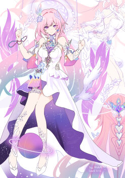 1girl absurdres armlet artist_name bare_shoulders blue_hair breasts closed_mouth commentary cyrene_(honkai:_star_rail) cyrene_(demiurge)_(honkai:_star_rail) dated diamond-shaped_pupils diamond_(shape) dress flower gradient_hair hair_flower hair_ornament halo halo_behind_head highres honkai:_star_rail honkai_(series) jewelry kkkula_(kula) large_breasts long_hair looking_at_viewer multicolored_hair multiple_views on_swing pink_hair pointy_ears purple_eyes purple_flower purple_rose rose shoes sidelocks sketch smile swing symbol-shaped_pupils very_long_hair white_dress white_shoes