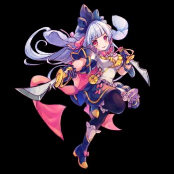 black_background black_pantyhose blunt_bangs blush bow bowtie breasts cleavage cuniculus_(merc_storia) dagger dress dual_wielding full_body highres holding holding_dagger holding_knife holding_weapon knife large_breasts merc_storia merc_storia_art_team official_art outstretched_arm pantyhose parted_lips pink_bow pink_eyes short_dress short_sleeves simple_background smile solo standing standing_on_one_leg tachi-e weapon white_hair