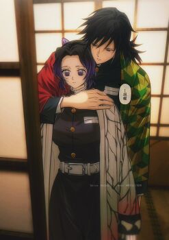 1boy 1girl animal_print architecture arm_around_neck belt belt_buckle black_hair black_jacket black_pants breasts buckle butterfly_hair_ornament butterfly_print butterfly_print_haori couple cowboy_shot demon_slayer_uniform east_asian_architecture gold_buttons hair_between_eyes hair_ornament haori hetero highres indoors jacket japanese_clothes kimetsu_no_yaiba kochou_shinobu long_hair low_ponytail medium_breasts niku_(ni23ku) pants parted_bangs parted_lips ponytail print_haori purple_eyes purple_hair sidelocks tomioka_giyuu translated twitter_username updo upper_body white_belt