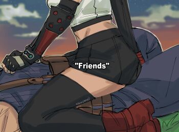 1boy 1girl absurdres between_legs black_gloves black_hair black_pants black_skirt black_sweater black_thighhighs breasts cloud_strife cowgirl_position final_fantasy final_fantasy_vii final_fantasy_vii_remake fingerless_gloves from_side girl_on_top gloves head_out_of_frame highres large_breasts long_hair pants shirt skirt straddling strawderryst sweater thighhighs tifa_lockhart white_shirt zettai_ryouiki