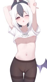 1girl alternate_costume armpits arms_up bitseon black_hair black_horns black_pantyhose blue_archive blush breasts clothes_writing collarbone crop_top cropped_shirt demon_horns demon_wings gluteal_fold grey_halo hair_between_eyes halo highres horns kayoko_(blue_archive) long_hair looking_at_viewer mole mole_on_neck multicolored_hair navel no_bra no_panties one_eye_closed open_mouth pantyhose red_eyes shirt simple_background single_wing small_breasts solo stretching thigh_gap thighband_pantyhose two-tone_hair white_background white_hair white_shirt wings