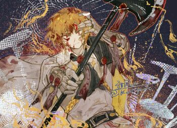 Rule 34 | 1boy, aiguillette, armor, ascot, belt, belt buckle, black ascot, black belt, blonde hair, blood, blood in hair, blood on clothes, blood on face, bloody weapon, buckle, closed mouth, coat, coat on shoulders, collared coat, collared shirt, commentary, foreshortening, gauntlets, halberd, hand on own head, highres, holding, holding polearm, holding weapon, kalliope orc, lapels, limbus company, looking at viewer, male focus, n corp. fanatic (identity) (project moon), nosebleed, outstretched arm, pauldrons, polearm, project moon, red eyes, shirt, short hair, shoulder armor, sinclair (project moon), single gauntlet, single pauldron, solo, star ornament, symbol-only commentary, twitter username, two-sided coat, two-sided fabric, undershirt, upper body, wax seal, weapon, white coat, white shirt, wide-eyed, yellow coat, yellow pupils