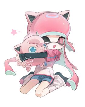 Rule 34 | 1girl, 1n0chi, ;d, animal ear hairband, animal ears, artist name, black shoes, black sleeves, blue shorts, commentary, crossover, fake animal ears, full body, gen 1 pokemon, hairband, highres, holding, holding pokemon, hood, hood down, hoodie, hug, inkling, inkling girl, inkling player character, invisible chair, jigglypuff, layered sleeves, long hair, long sleeves, mole, mole under mouth, nintendo, one eye closed, open mouth, pink eyes, pink hair, pink hairband, pink hoodie, pointy ears, pokemon, pokemon (creature), shoes, short over long sleeves, short sleeves, shorts, simple background, sitting, sleeves past wrists, smile, socks, splatoon (series), symbol-only commentary, tentacle hair, very long hair, wariza, white background, white socks