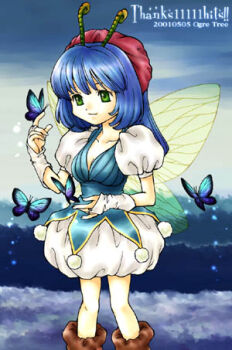 1girl 2001 antennae artist_name bad_id blue_butterfly blue_hair breasts bridal_gauntlets bug butterfly butterfly_on_hand cleavage closed_mouth collarbone commentary_request dated dress feet_out_of_frame green_eyes hat insect insect_wings legend_of_mana long_hair lowres medium_breasts milestone_celebration pom_pom_(clothes) puffy_short_sleeves puffy_sleeves rachel_(lom) red_hat saikachi_(ogre_tree) seiken_densetsu short_dress short_sleeves smile solo standing thank_you white_bridal_gauntlets white_dress wings