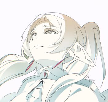 1girl absurdres akirasaphien artist_name capelet earrings elf floating_hair frieren greyscale hair_over_shoulder hashtag-only_commentary head_back highres jewelry long_hair long_pointy_ears looking_up monochrome parted_lips pointy_ears signature simple_background smile solo sousou_no_frieren spot_color teardrop_earrings twintails upper_body upward_angle_frieren_drawing white_background