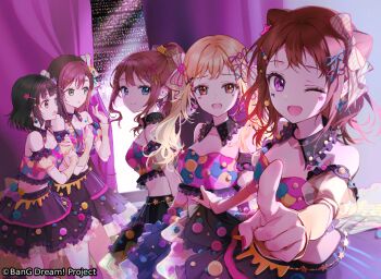 5girls arm_hug audience bang_dream! black_hair black_skirt blonde_hair breasts brown_eyes brown_hair commentary_request cone_hair_bun copyright_notice crop_top curtains facial_mark green_eyes guest_art hair_bun half_updo hanazono_tae ichigaya_arisa idol_clothes long_hair medium_breasts multiple_girls official_art one_eye_closed open_mouth pointing pointing_at_viewer poppin'party purple_eyes second-party_source short_hair skirt star_(symbol) star_facial_mark tiv toyama_kasumi ushigome_rimi yamabuki_saya
