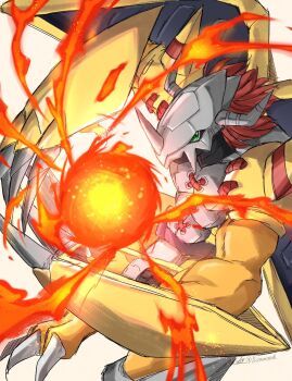 Rule 34 | 1boy, armor, claw (weapon), claws, colored skin, creature, creature focus, crotch plate, digimon, digimon (creature), digimon adventure, energy ball, fake horns, gizamond, green eyes, helmet, highres, horned helmet, horned mask, horns, mask, mechanical wings, muscular, no humans, orange skin, pauldrons, powering up, red hair, reptile, short hair, shoulder armor, shoulder pads, shoulder spikes, solo, spiked pauldrons, spikes, wargreymon, weapon, wings, x (symbol), yellow armor