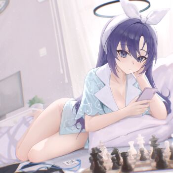 1girl aqua_pajamas back_cutout bedroom black_halo blue_archive blue_eyes bottomless chessboard clothing_cutout commentary curtains flower_pot hairband halo highres holding holding_phone id_card lollipop_in_mouth looking_at_viewer mechanical_halo millennium_science_school_logo on_pillow pajamas phone print_pajamas purple_hair sleepwear solo television white_hairband yuuka_(blue_archive) yuuka_(pajamas)_(blue_archive) yuye