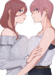 Rule 34 | 2girls, bare shoulders, belt, black pants, blue eyes, blue shirt, breast press, breasts, brown belt, brown hair, commentary request, earrings, from side, go-toubun no hanayome, grey tank top, hand on another&#039;s arm, highres, jewelry, large breasts, long hair between eyes, looking at viewer, looking to the side, multiple girls, nakano ichika, nakano miku, off-shoulder shirt, off shoulder, pants, pink hair, r u i (s 1cll), shirt, short hair, siblings, sisters, sleeveless, smile, stud earrings, symmetrical docking, tank top, twins, white background