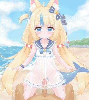 1boy 1girl :3 :d ahoge animal_ear_fluff animal_ears animated animated_gif bare_arms bare_legs beach blonde_hair blue_bow blue_bowtie blue_eyes blue_hair blue_sailor_collar blue_scrunchie blue_sky blush bow bowtie breast_pocket buttons cat_ears center-flap_bangs clothed_female_nude_male clothed_sex cloud cloudy_sky commentary_request cowgirl_position day dress ear_wiggle erection fins fish_girl fish_tail flat_chest frilled_dress frilled_shirt_collar frills gluteal_fold hair_bow hair_flaps happy_sex hetero indie_virtual_youtuber just_the_tip large_variant_set lifebuoy_hair_ornament lighthouse loli long_hair looking_at_viewer low_twintails lowres multicolored_hair nude ocean oldb one_side_up open_mouth outdoors paid_reward_available penis pocket pov pov_crotch public_indecency public_nudity pussy sailor_collar sailor_dress sameko_saba scrunchie see-through_clothes see-through_dress sex shore short_dress single_ear_down sky smile solo_focus straddling straight-on streaked_hair tail tareme twintails uncensored vaginal variant_set veins veiny_penis very_long_hair virtual_youtuber white_dress wrist_scrunchie