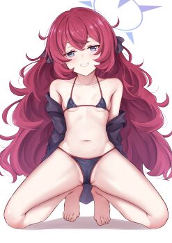 1girl absurdres barefoot bikini blue_archive breasts collarbone fluffy_hair full_body grey_eyes halo highres iroha_(blue_archive) kneeling loli long_hair looking_at_viewer micro_bikini open_clothes open_shirt purple_halo red_hair revision small_breasts smile solo string_bikini swimsuit to_kinji white_background