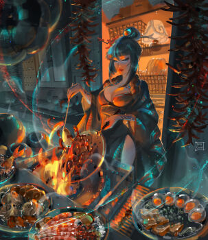 1girl artist_name black_hair blue_eyes breasts closed_mouth commentary cooking english_commentary food hair_bun half-closed_eyes highres large_breasts original paid_reward_available side_slit sidelocks solo tatti_art witch_(tatti_art)