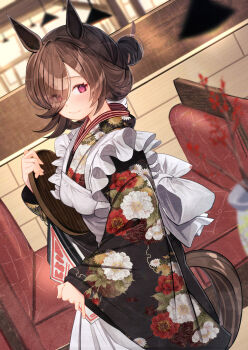 Rule 34 | 1girl, animal ears, apron, black kimono, blush, brown hair, closed mouth, eyes visible through hair, floral print, floral print kimono, hair bun, hair over one eye, highres, holding, holding tray, horse ears, horse girl, horse tail, japanese clothes, kimono, maid apron, print kimono, purple eyes, rice shower (umamusume), short hair, smile, solo, tail, tray, umamusume, white apron, yomean!